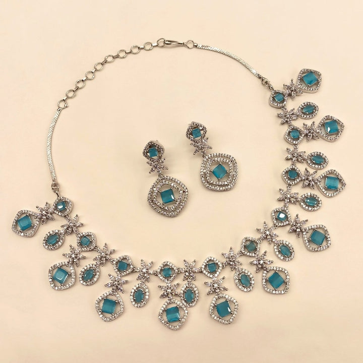 Sidra Silver Plated Semiprecious Sky Blue Stone American Diamond set - House of Sarvati LLC