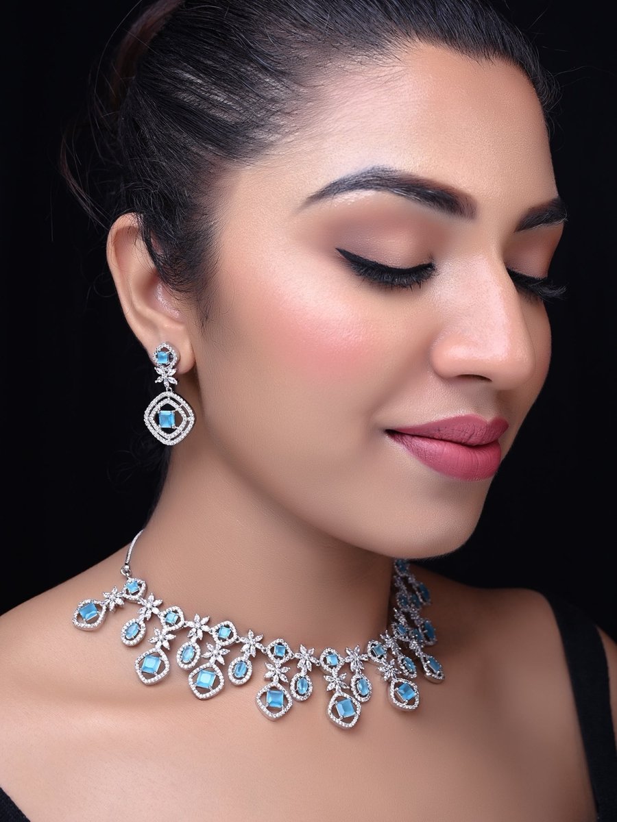 Sidra Silver Plated Semiprecious Sky Blue Stone American Diamond set - House of Sarvati LLC