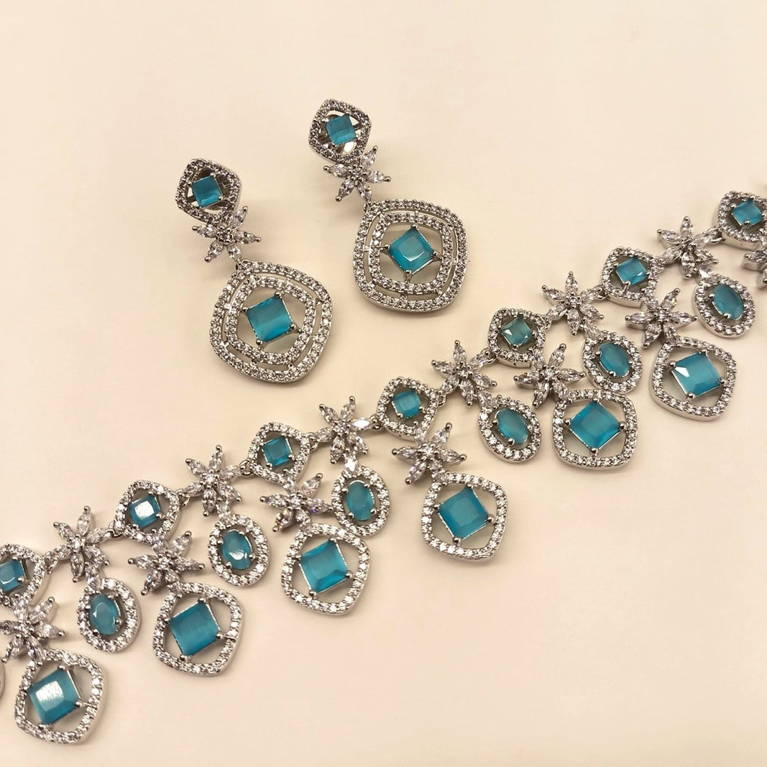 Sidra Silver Plated Semiprecious Sky Blue Stone American Diamond set - House of Sarvati LLC