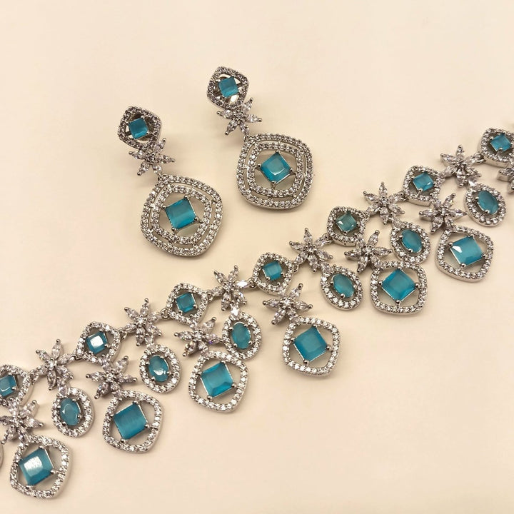 Sidra Silver Plated Semiprecious Sky Blue Stone American Diamond set - House of Sarvati LLC