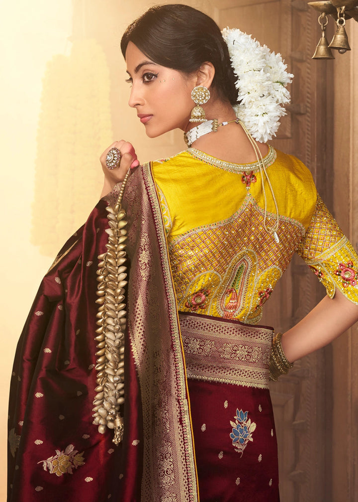 Sienna Brown Banarasi Silk Saree with Handcrafted Embroidered Blouse - House of Sarvati LLC