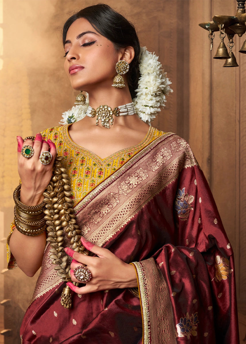 Sienna Brown Banarasi Silk Saree with Handcrafted Embroidered Blouse - House of Sarvati LLC