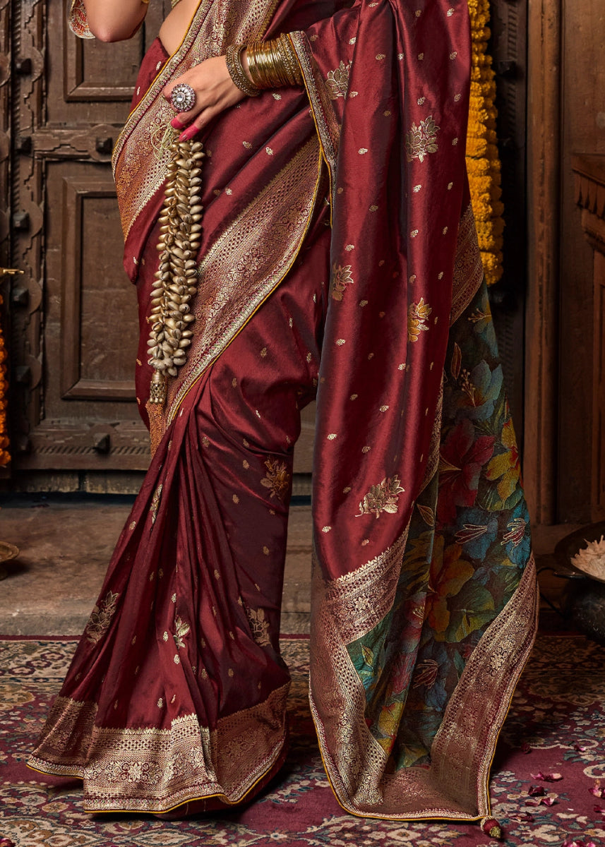 Sienna Brown Banarasi Silk Saree with Handcrafted Embroidered Blouse - House of Sarvati LLC