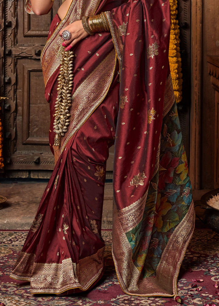 Sienna Brown Banarasi Silk Saree with Handcrafted Embroidered Blouse - House of Sarvati LLC
