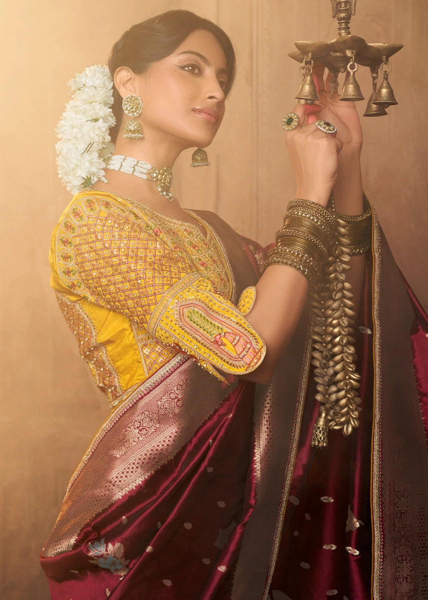Sienna Brown Banarasi Silk Saree with Handcrafted Embroidered Blouse - House of Sarvati LLC