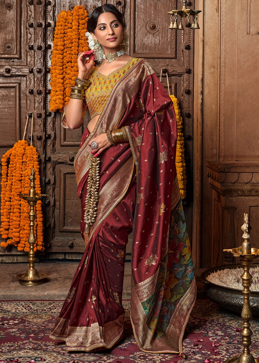 Sienna Brown Banarasi Silk Saree with Handcrafted Embroidered Blouse - House of Sarvati LLC