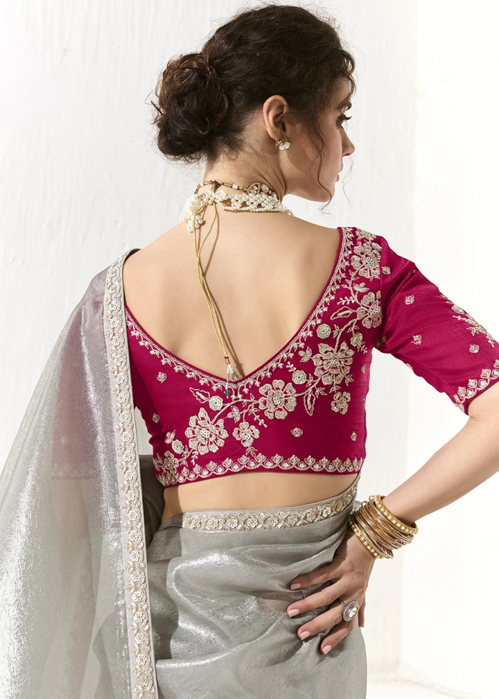 Silver Grey Designer Tissue Organza Saree With All - Over Buttas And Hand Embroidered Blouse - House of Sarvati LLC