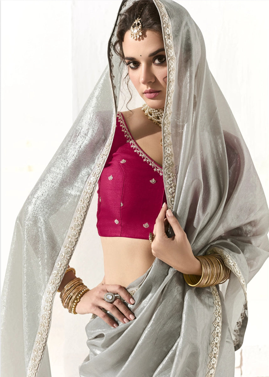 Silver Grey Designer Tissue Organza Saree With All - Over Buttas And Hand Embroidered Blouse - House of Sarvati LLC