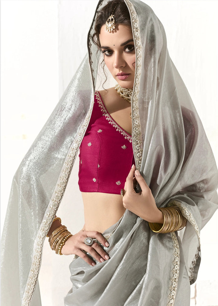 Silver Grey Designer Tissue Organza Saree With All - Over Buttas And Hand Embroidered Blouse - House of Sarvati LLC