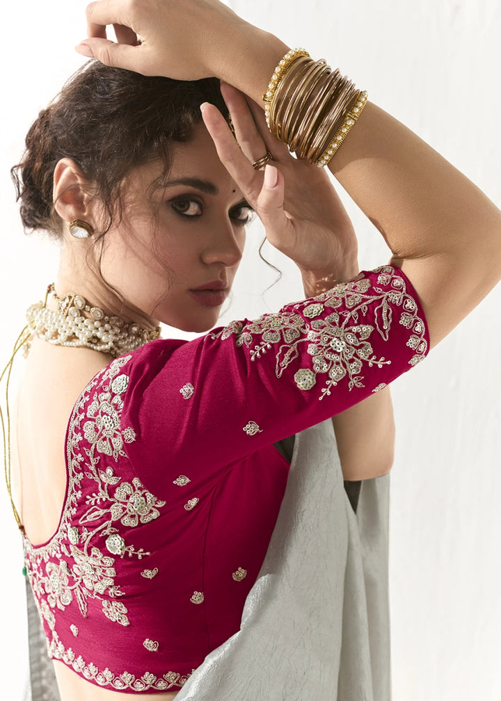 Silver Grey Designer Tissue Organza Saree With All - Over Buttas And Hand Embroidered Blouse - House of Sarvati LLC