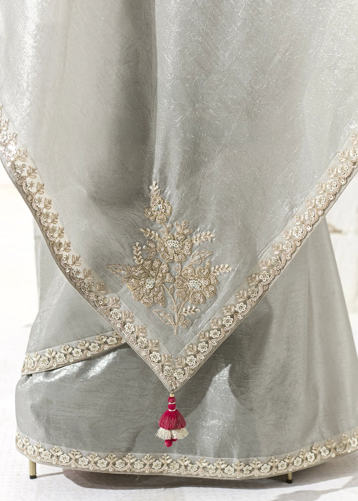 Silver Grey Designer Tissue Organza Saree With All - Over Buttas And Hand Embroidered Blouse - House of Sarvati LLC