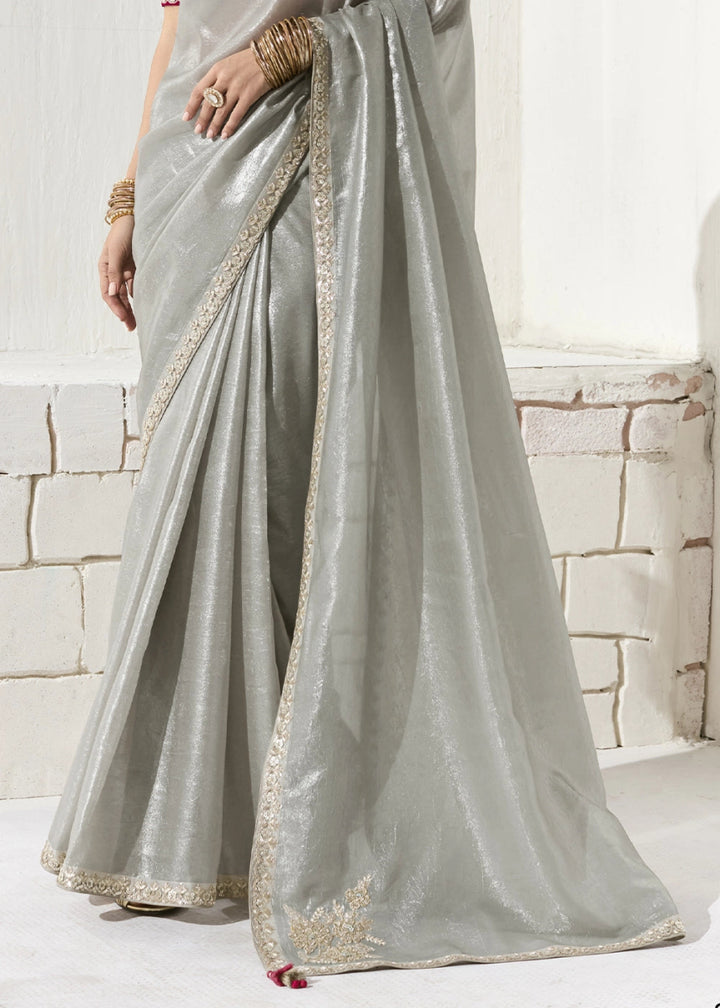 Silver Grey Designer Tissue Organza Saree With All - Over Buttas And Hand Embroidered Blouse - House of Sarvati LLC