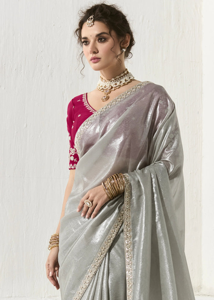 Silver Grey Designer Tissue Organza Saree With All - Over Buttas And Hand Embroidered Blouse - House of Sarvati LLC