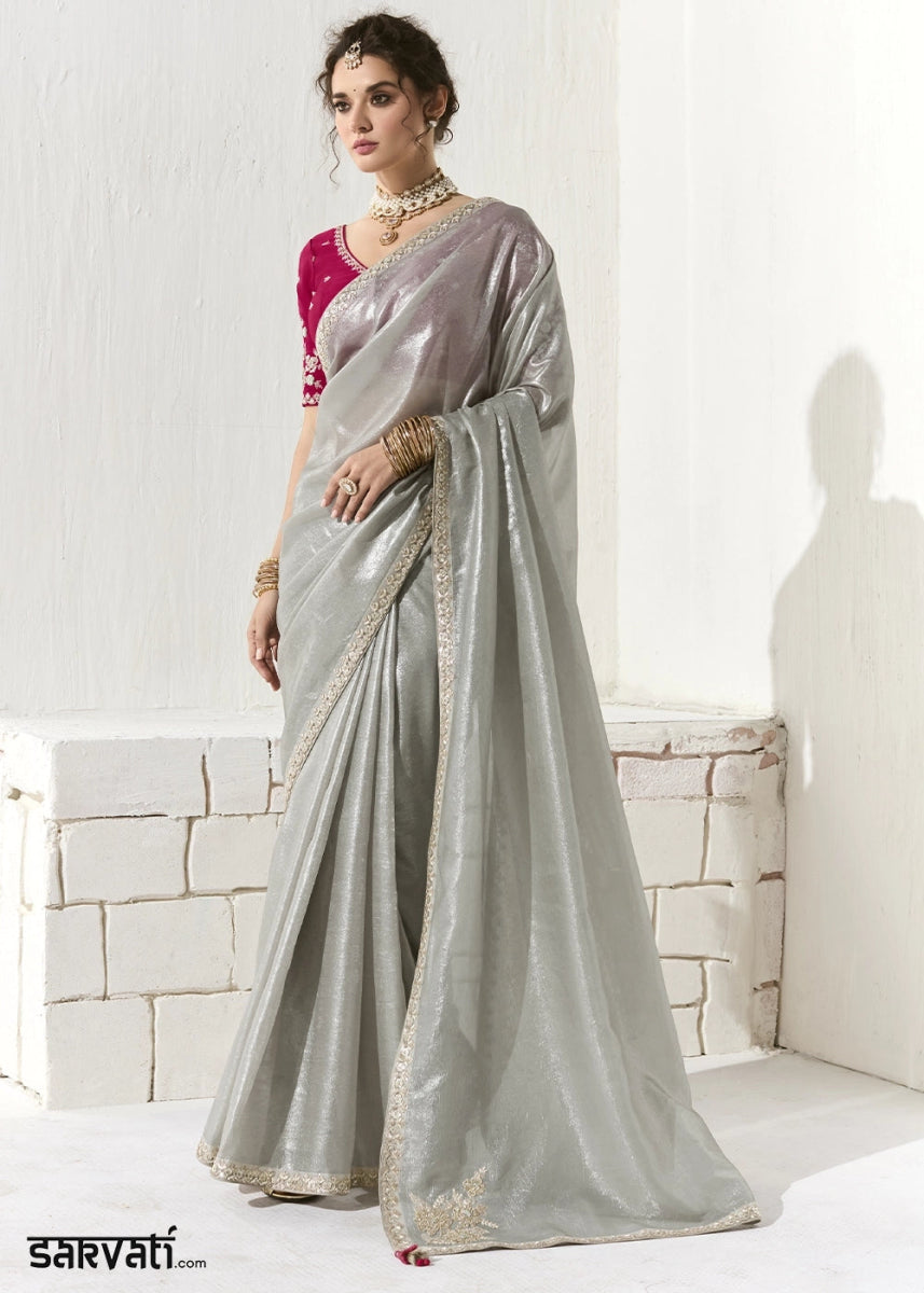 Silver Grey Designer Tissue Organza Saree With All - Over Buttas And Hand Embroidered Blouse - House of Sarvati LLC