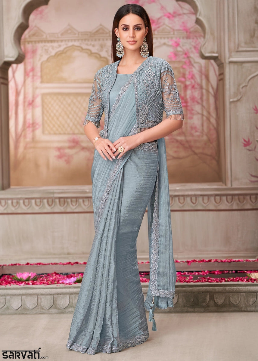 Silver Grey Georgette Saree With Detailed Embroidery And Luxe Appeal - House of Sarvati LLC