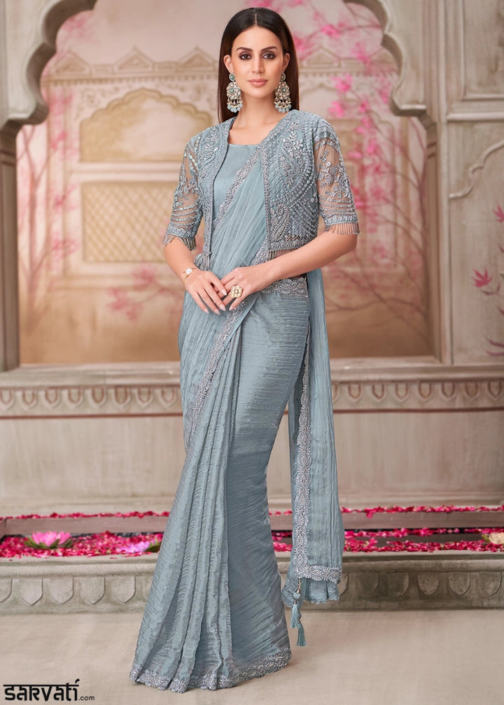 Silver Grey Georgette Saree With Detailed Embroidery And Luxe Appeal - House of Sarvati LLC