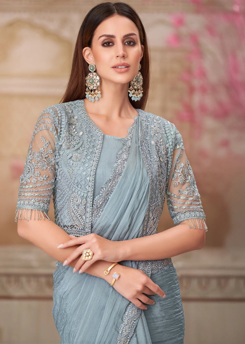 Silver Grey Georgette Saree With Detailed Embroidery And Luxe Appeal - House of Sarvati LLC
