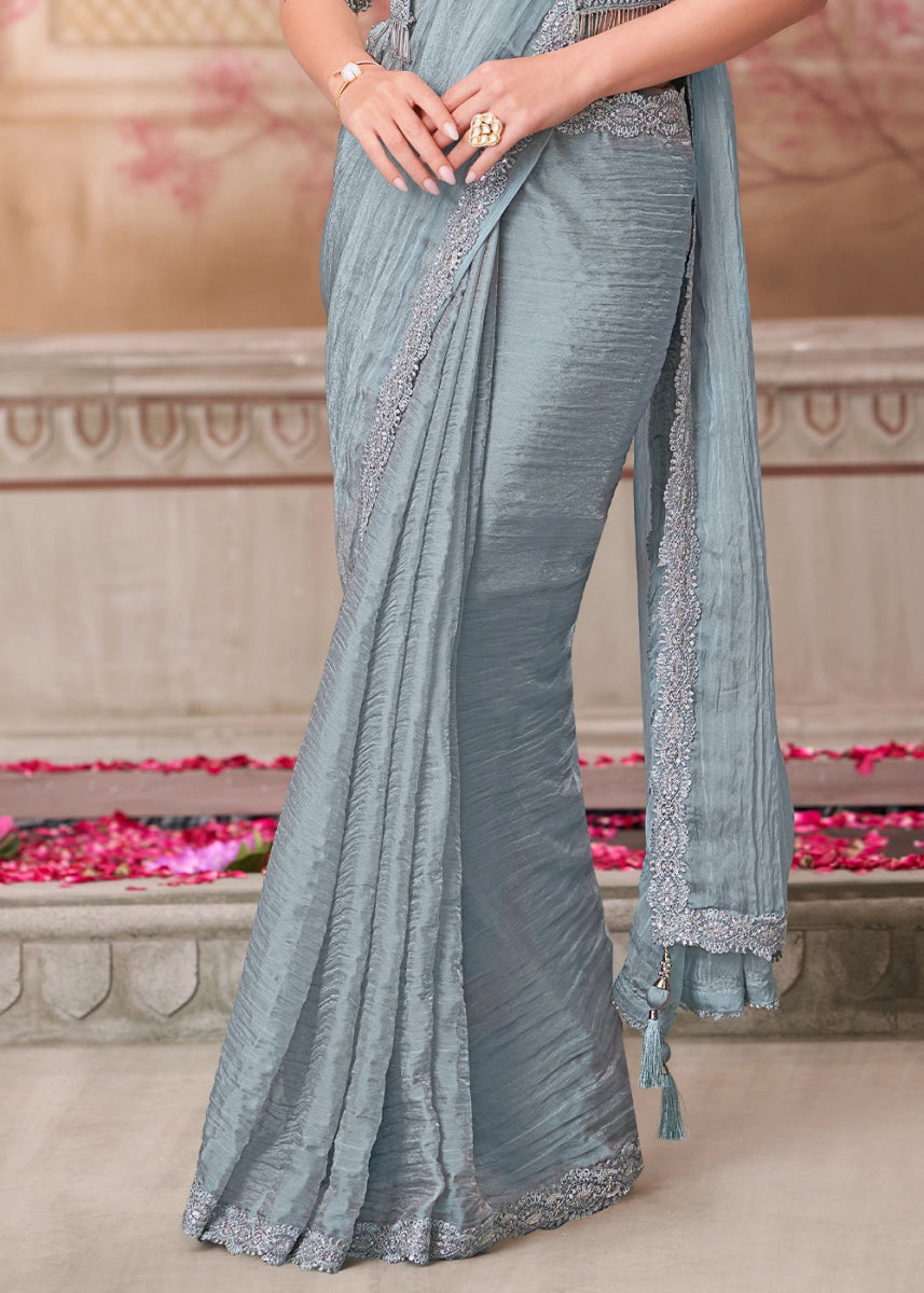 Silver Grey Georgette Saree With Detailed Embroidery And Luxe Appeal - House of Sarvati LLC