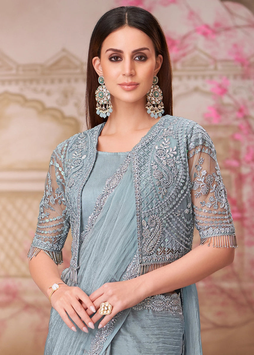 Silver Grey Georgette Saree With Detailed Embroidery And Luxe Appeal - House of Sarvati LLC