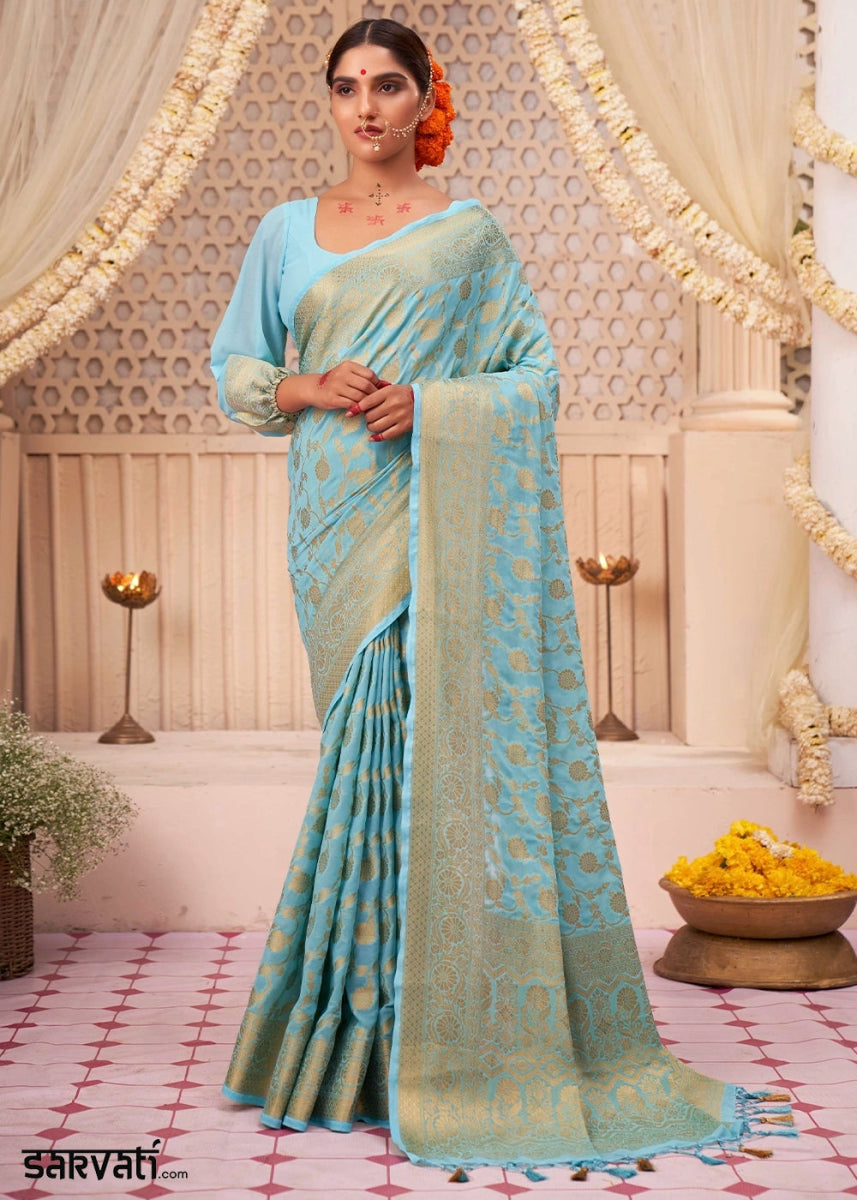 Sky Blue Banarasi - Style Saree in Georgette Silk with Zari Embellishments - House of Sarvati LLC