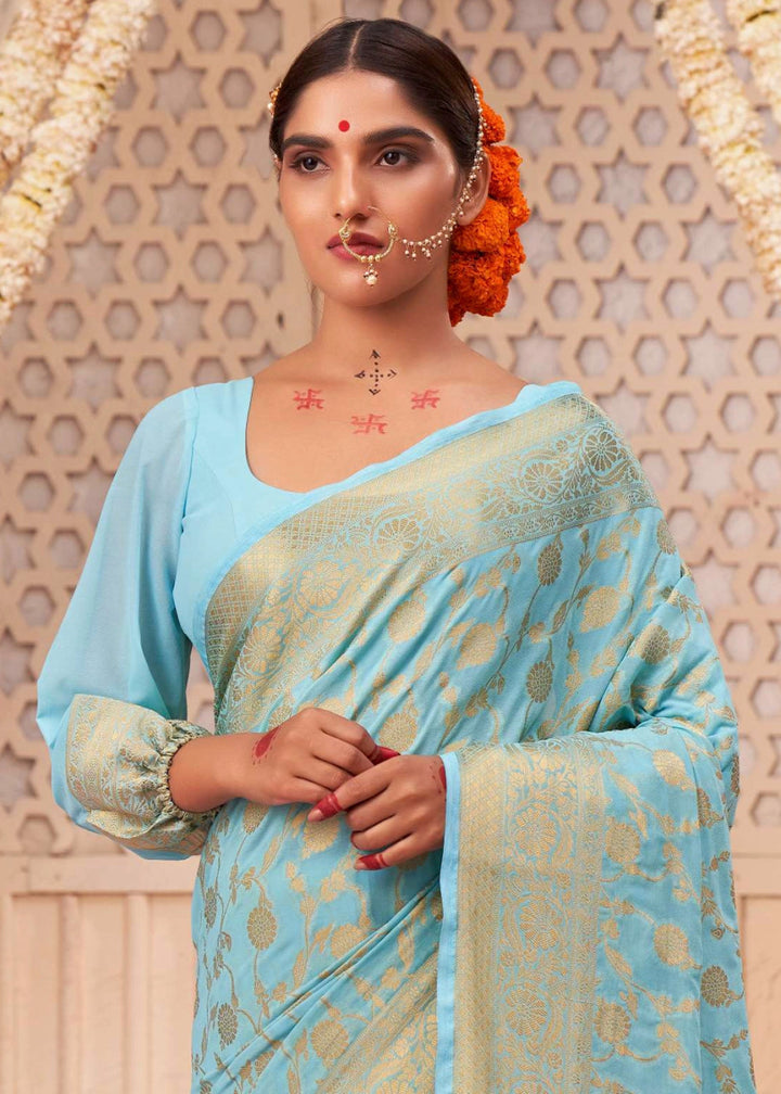 Sky Blue Banarasi - Style Saree in Georgette Silk with Zari Embellishments - House of Sarvati LLC