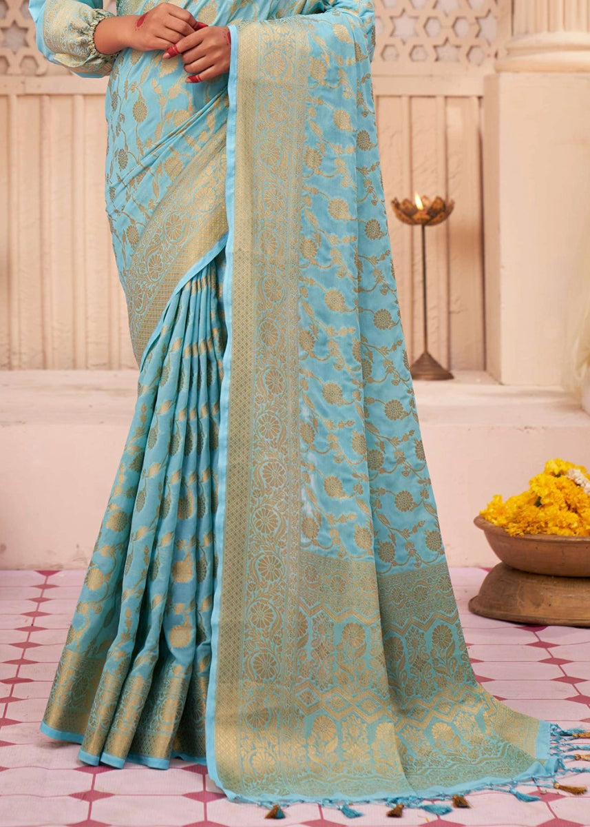 Sky Blue Banarasi - Style Saree in Georgette Silk with Zari Embellishments - House of Sarvati LLC