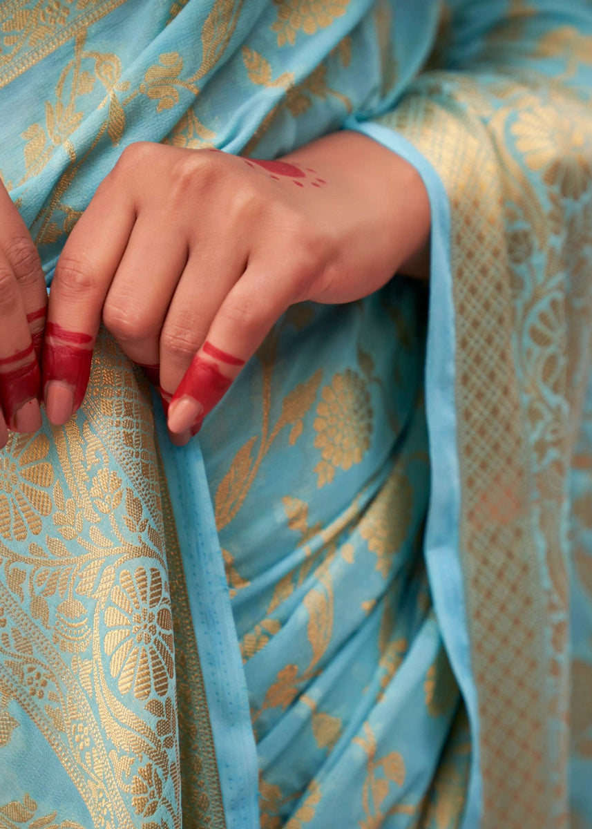 Sky Blue Banarasi - Style Saree in Georgette Silk with Zari Embellishments - House of Sarvati LLC
