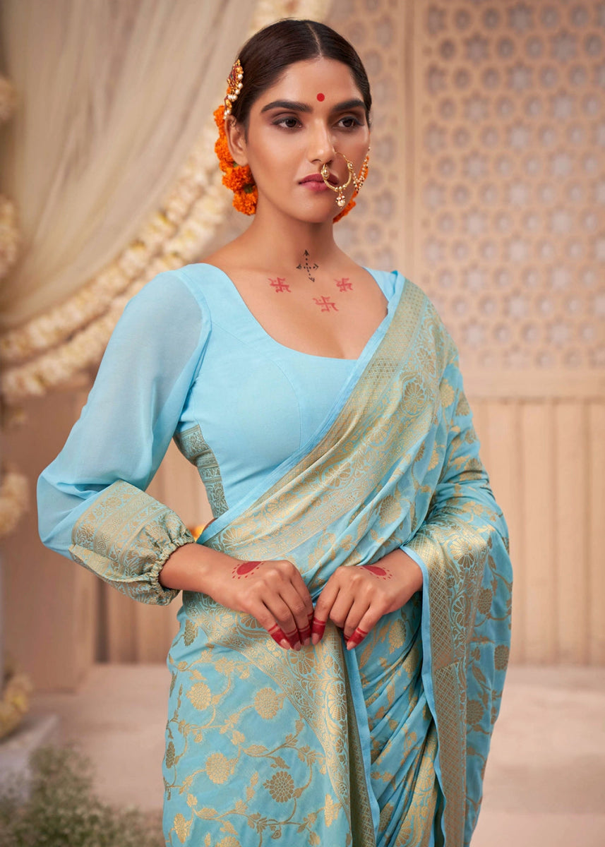 Sky Blue Banarasi - Style Saree in Georgette Silk with Zari Embellishments - House of Sarvati LLC
