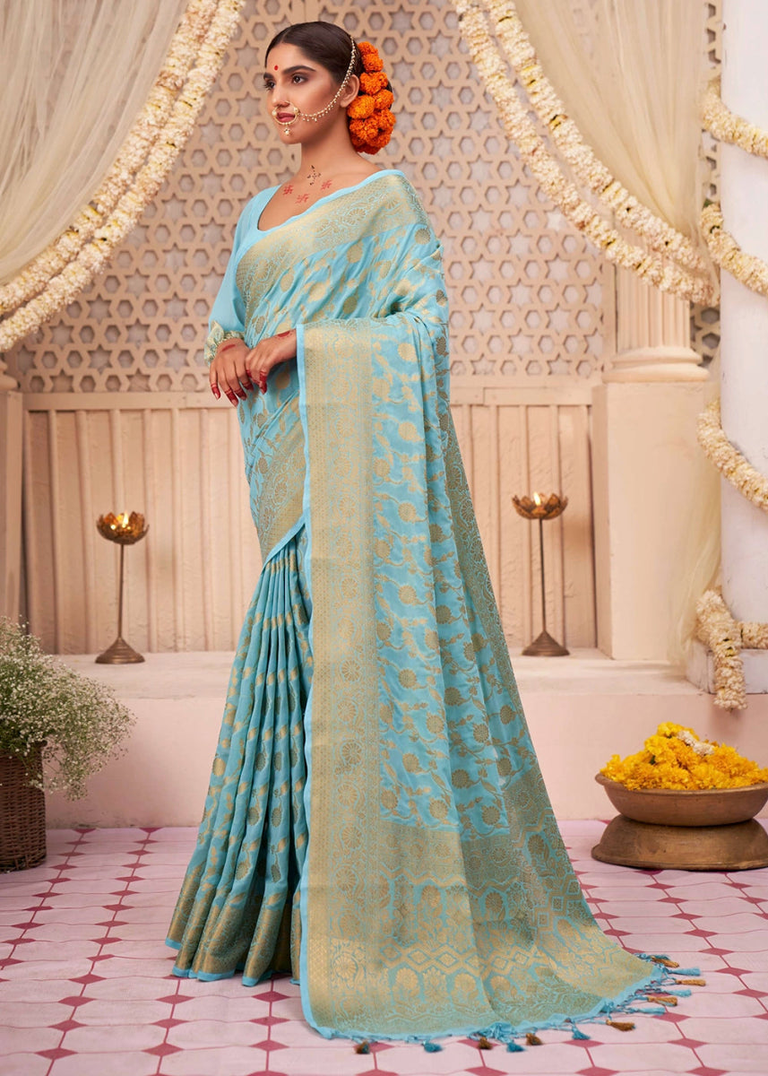 Sky Blue Banarasi - Style Saree in Georgette Silk with Zari Embellishments - House of Sarvati LLC