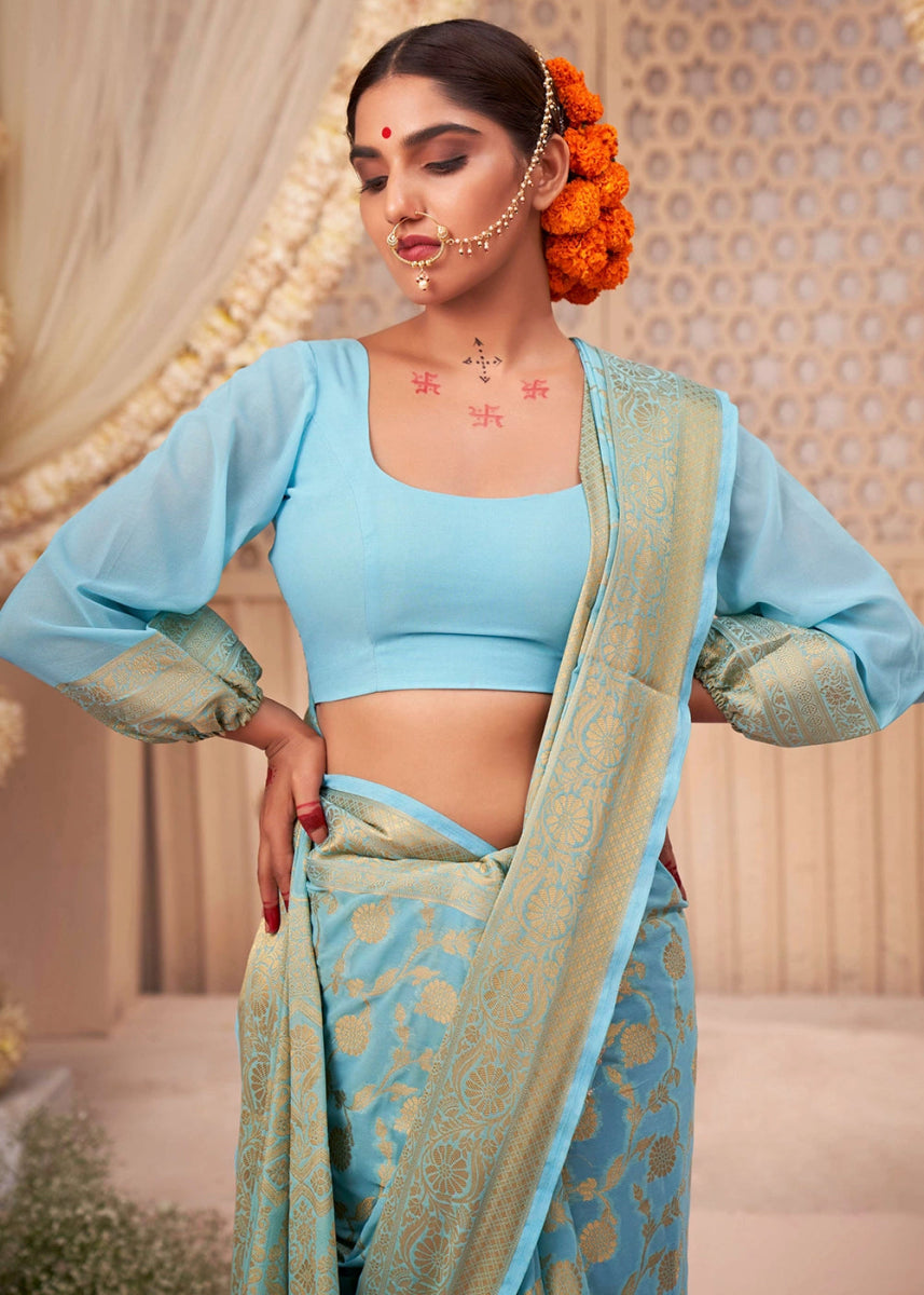 Sky Blue Banarasi - Style Saree in Georgette Silk with Zari Embellishments - House of Sarvati LLC