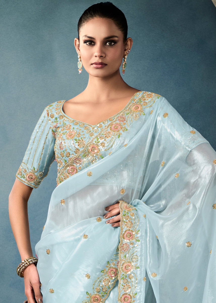 Sky Blue Designer Saree in Tissue Fabric with Hand Embroidery - House of Sarvati LLC