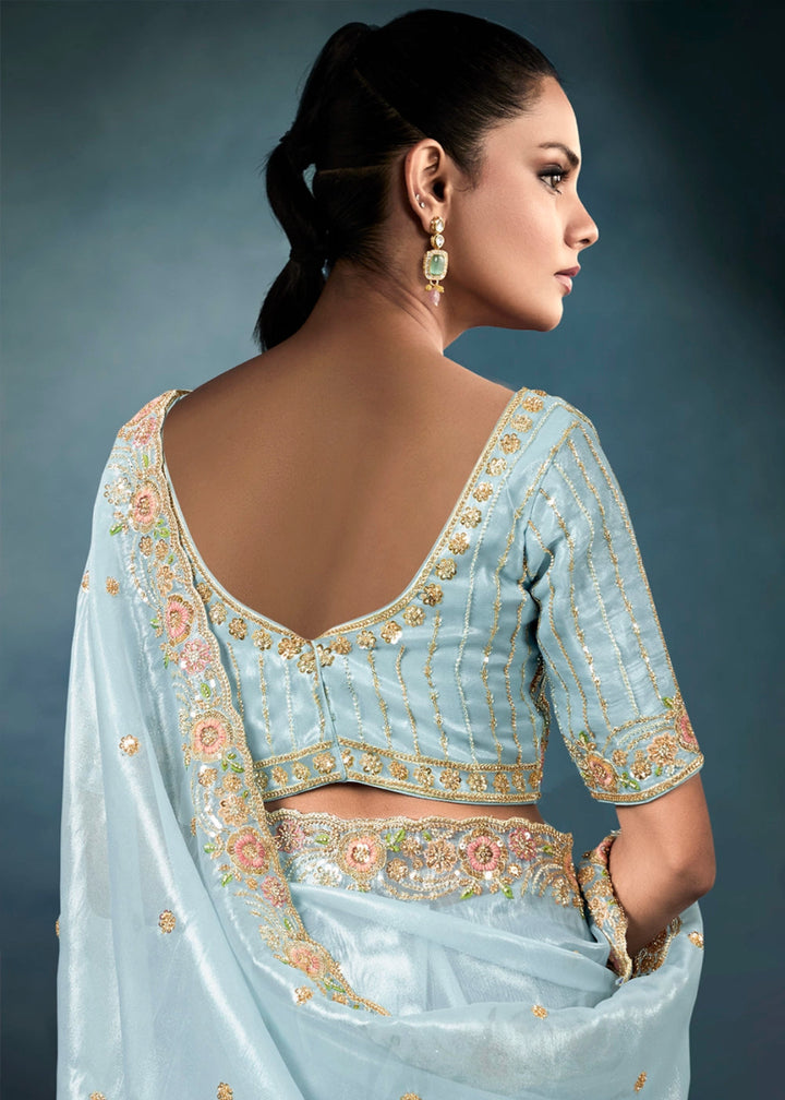 Sky Blue Designer Saree in Tissue Fabric with Hand Embroidery - House of Sarvati LLC