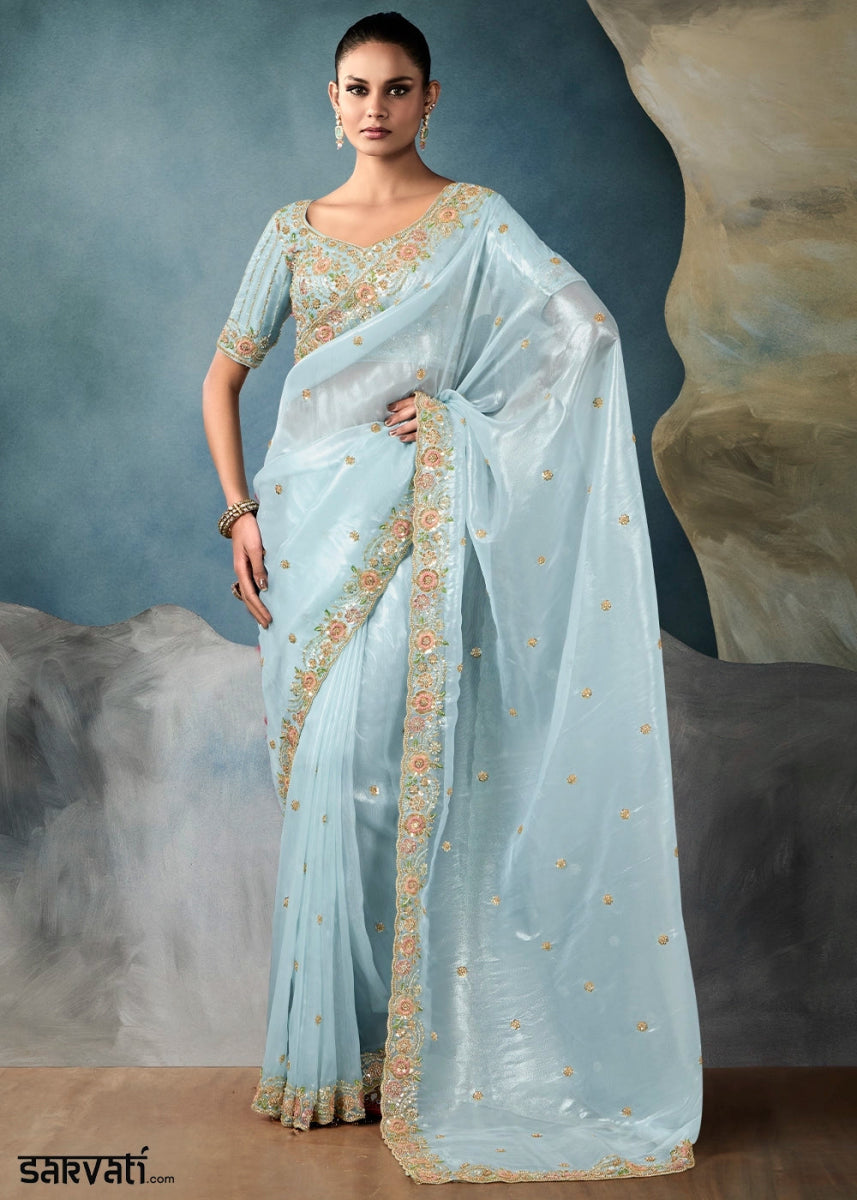 Sky Blue Designer Saree in Tissue Fabric with Hand Embroidery - House of Sarvati LLC