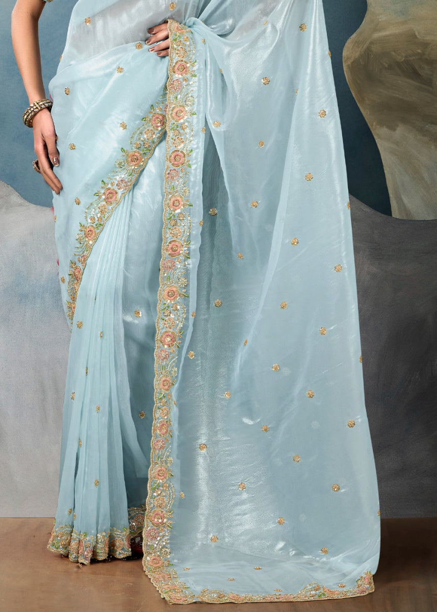 Sky Blue Designer Saree in Tissue Fabric with Hand Embroidery - House of Sarvati LLC