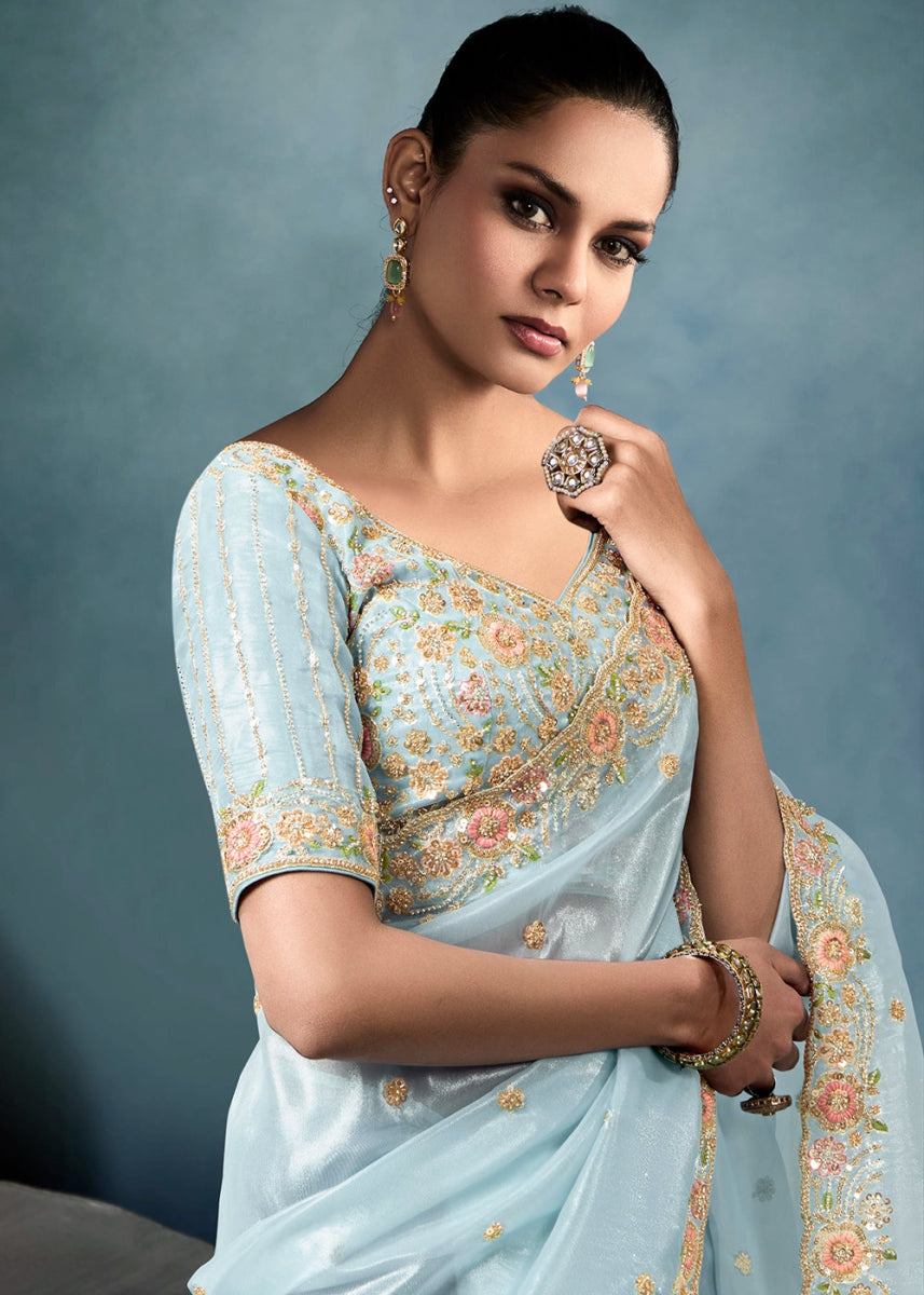 Sky Blue Designer Saree in Tissue Fabric with Hand Embroidery - House of Sarvati LLC