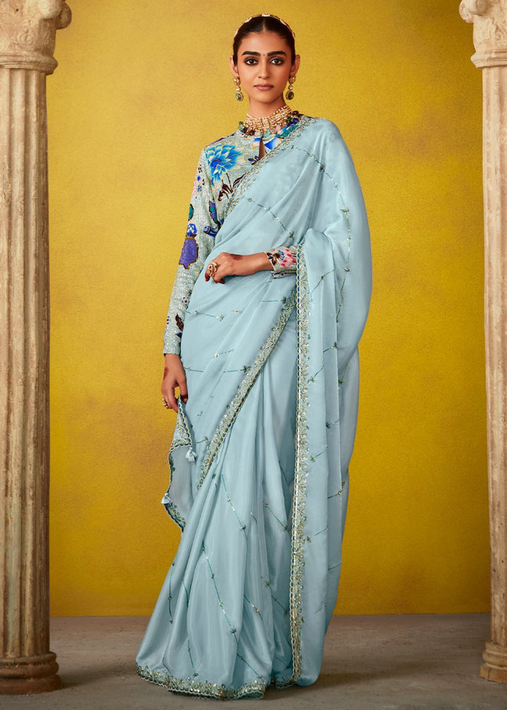 Sky Blue Tissue Silk Saree with Stunning Sequins and Thread Embroidery work - House of Sarvati LLC