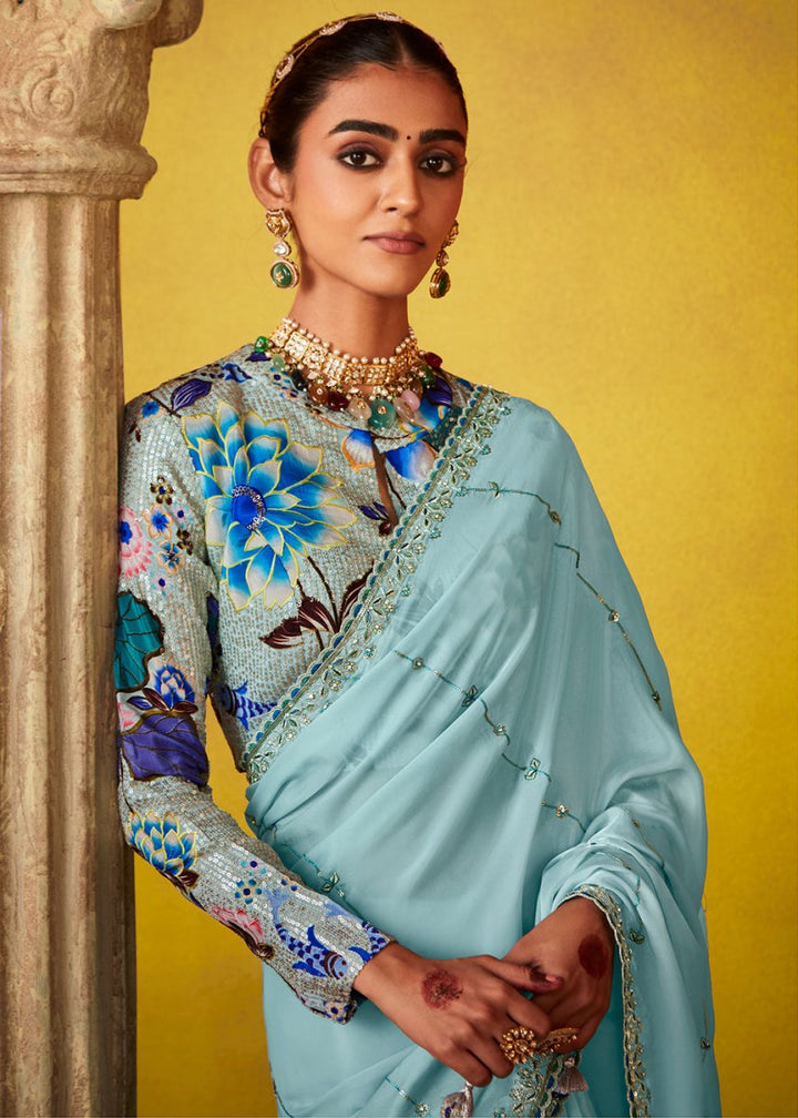 Sky Blue Tissue Silk Saree with Stunning Sequins and Thread Embroidery work - House of Sarvati LLC