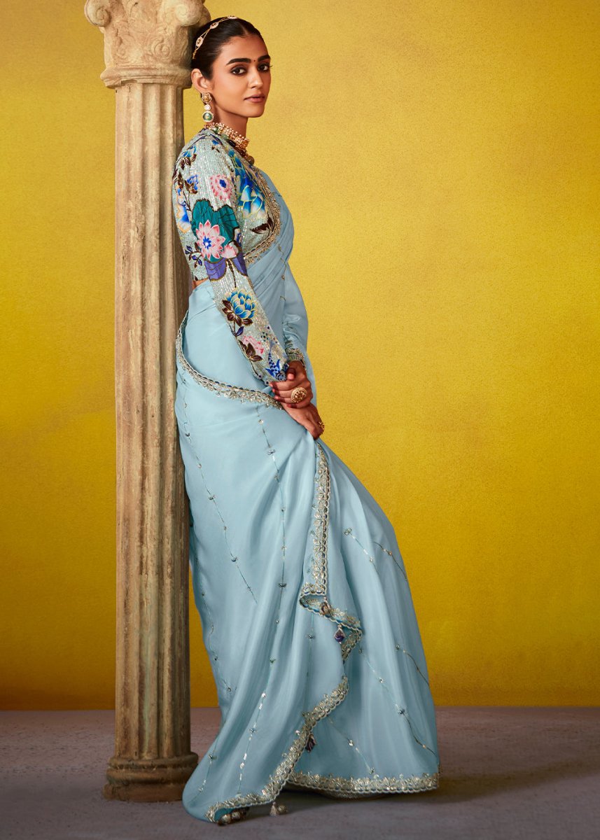Sky Blue Tissue Silk Saree with Stunning Sequins and Thread Embroidery work - House of Sarvati LLC