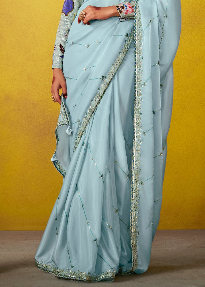 Sky Blue Tissue Silk Saree with Stunning Sequins and Thread Embroidery work - House of Sarvati LLC