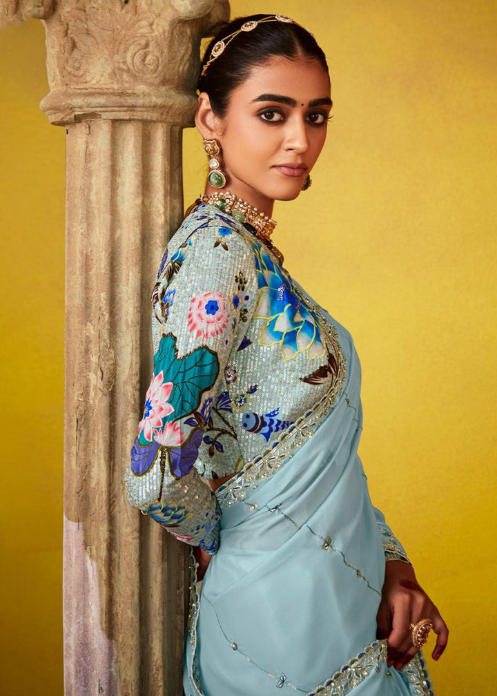 Sky Blue Tissue Silk Saree with Stunning Sequins and Thread Embroidery work - House of Sarvati LLC