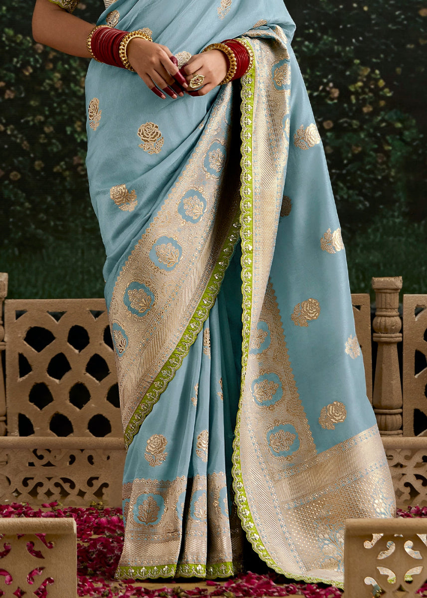 Sky Blue Zari Woven Dola Silk Saree with Embroidery Detailing - House of Sarvati LLC