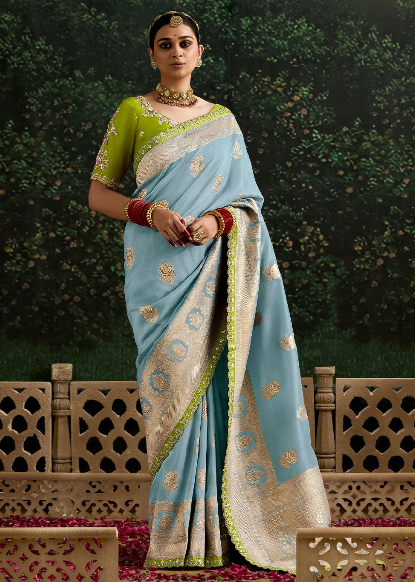 Sky Blue Zari Woven Dola Silk Saree with Embroidery Detailing - House of Sarvati LLC