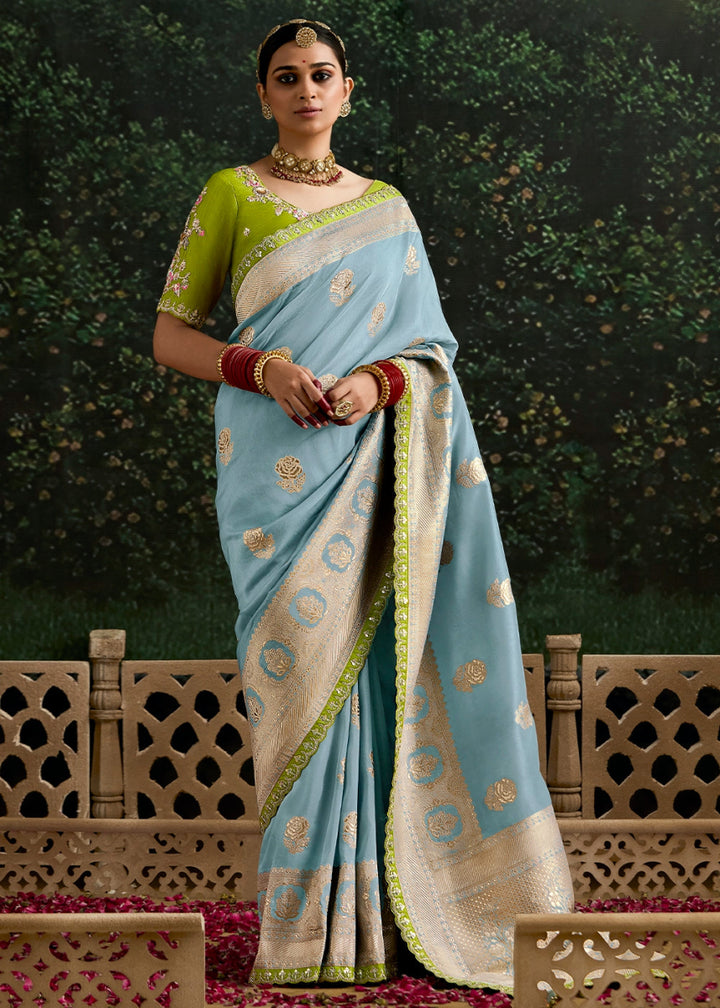 Sky Blue Zari Woven Dola Silk Saree with Embroidery Detailing - House of Sarvati LLC