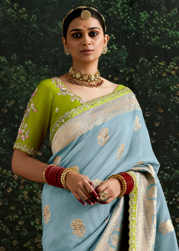 Sky Blue Zari Woven Dola Silk Saree with Embroidery Detailing - House of Sarvati LLC