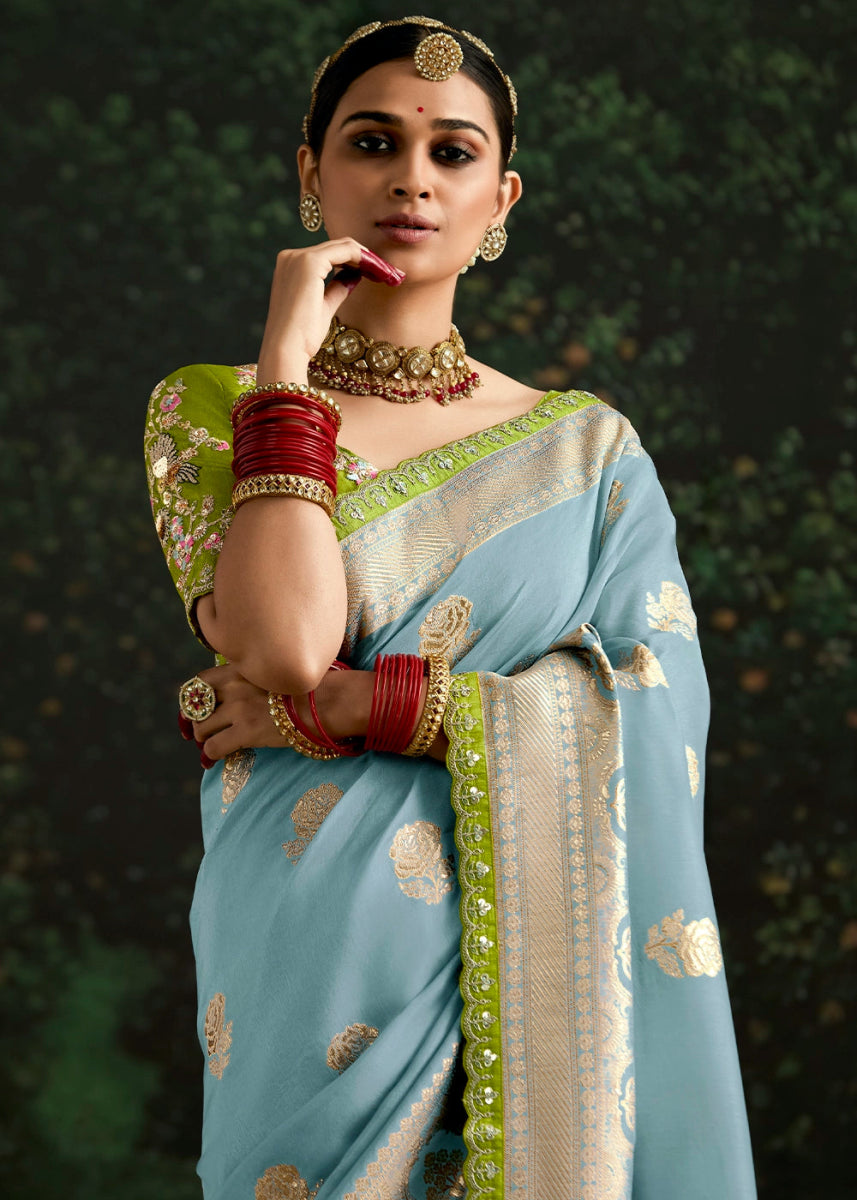 Sky Blue Zari Woven Dola Silk Saree with Embroidery Detailing - House of Sarvati LLC