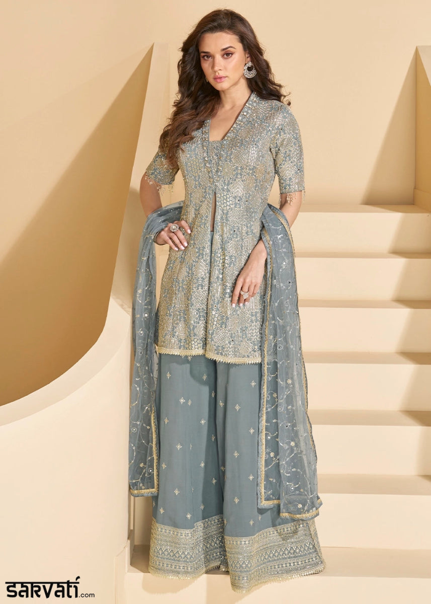 Slate Grey Georgette Palazzo Suit with Exquisite Embroidery - House of Sarvati LLC