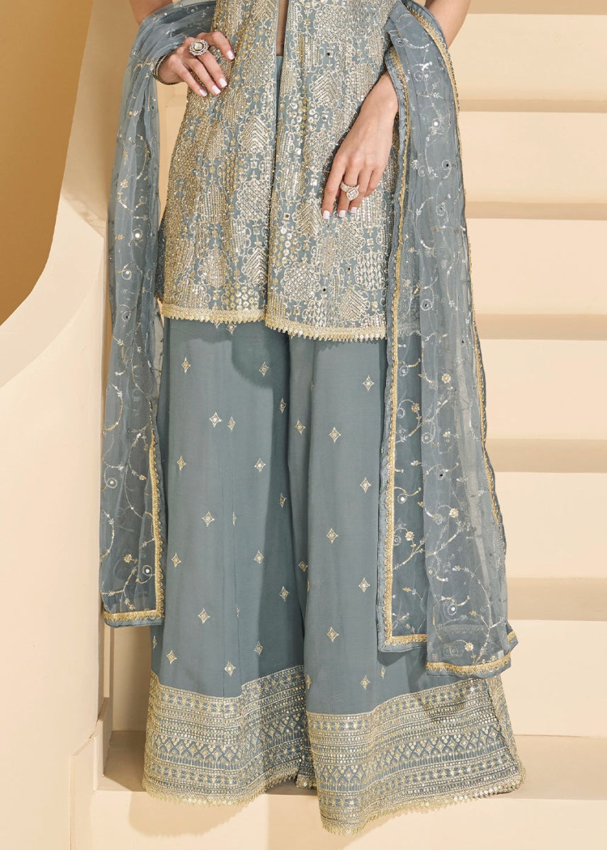 Slate Grey Georgette Palazzo Suit with Exquisite Embroidery - House of Sarvati LLC