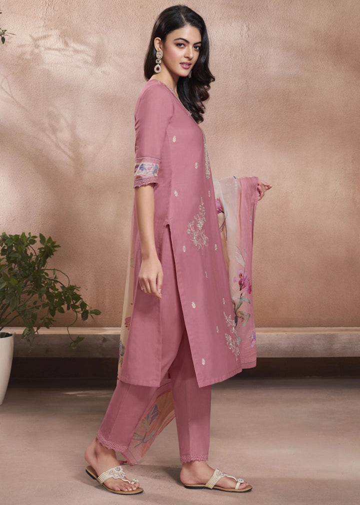 Soft Creamy Pink Cotton Suit with Beautiful Floral Threadwork - House of Sarvati LLC