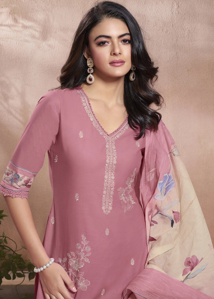 Soft Creamy Pink Cotton Suit with Beautiful Floral Threadwork - House of Sarvati LLC