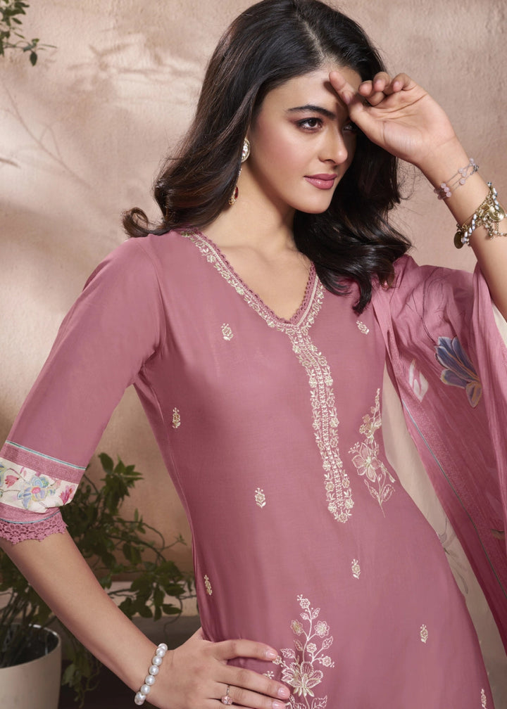 Soft Creamy Pink Cotton Suit with Beautiful Floral Threadwork - House of Sarvati LLC
